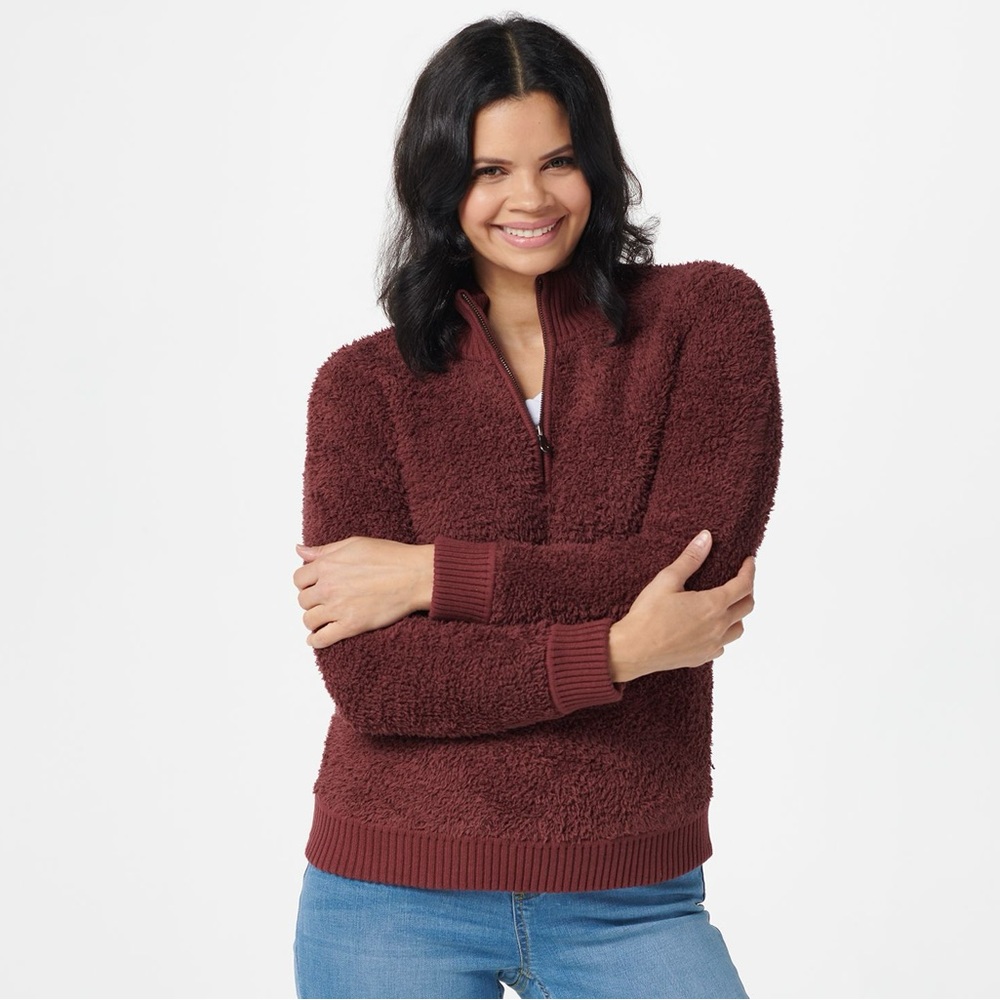 Barefoot Dreams CozyChic Shearling Half Zip Pullover In Burgundy NO TAGS SZ M